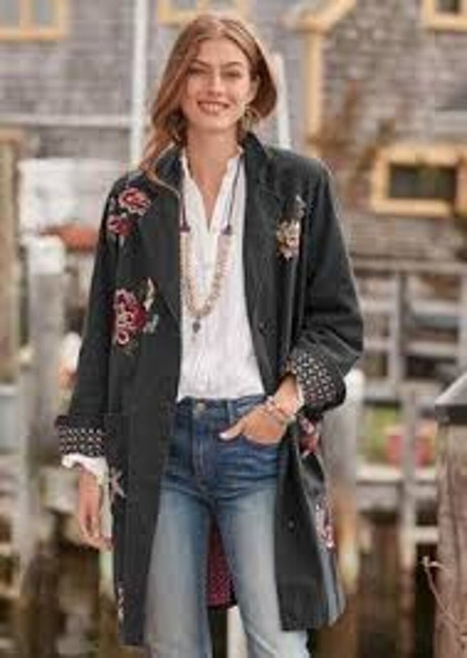 Sundance Dark Grey w/Floral Embroidery Red Lining Boho Long Line Jacket sz XL